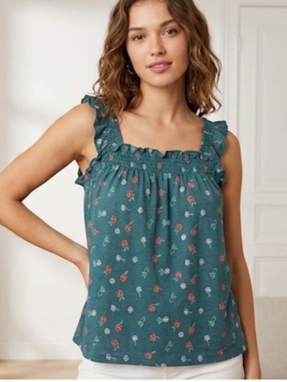 LOFT Ruffled Sleeveless Tank Top Green Blue